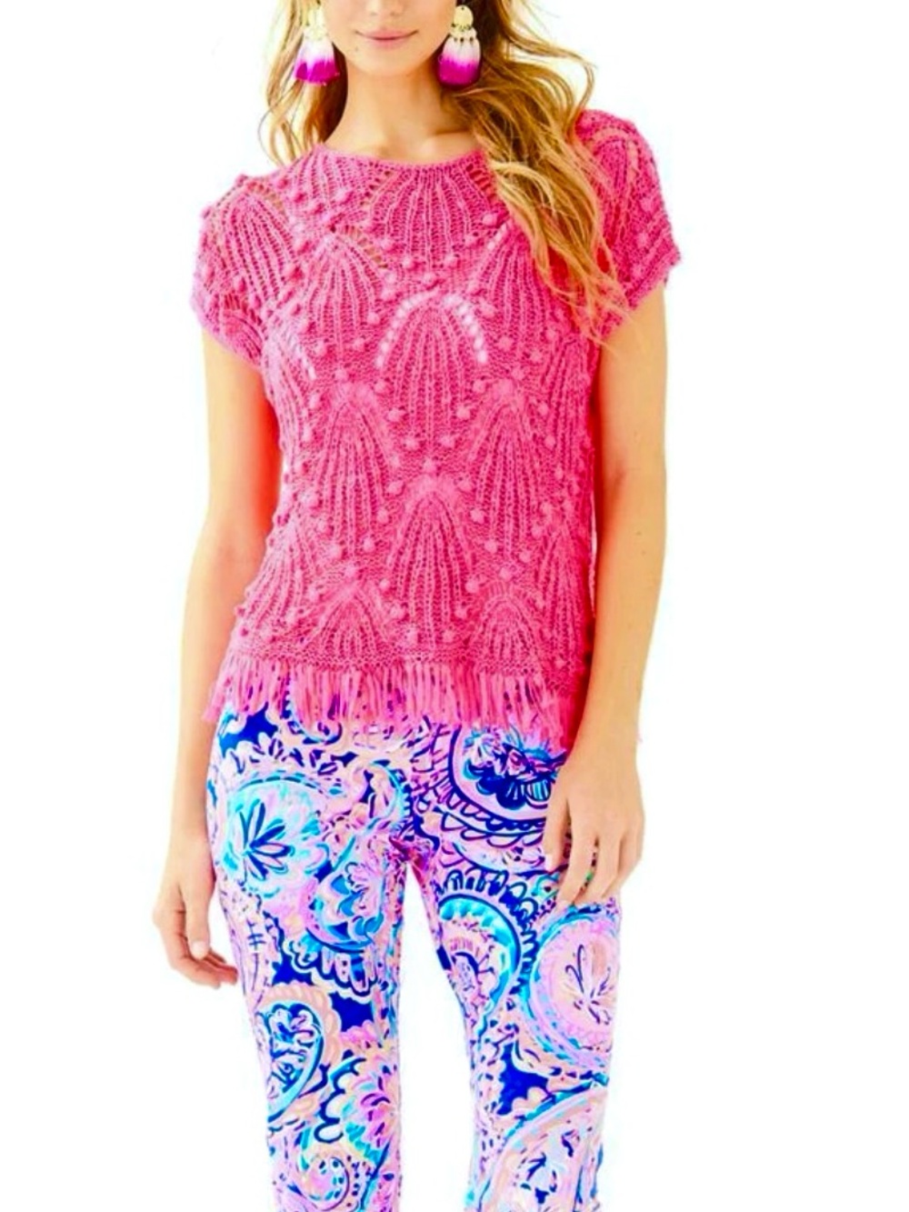 Lilly Pulitzer Cassis Crochet Hot Pink Open-Knit Fringe Top XS